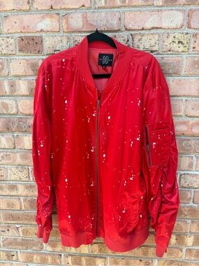 Macy's Red Bomber Jacket with White Paint Splatter